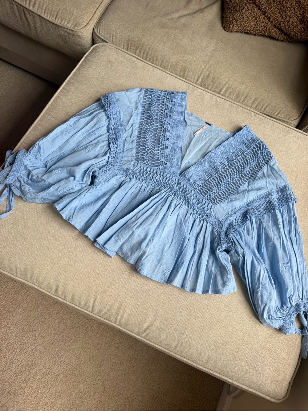 Free People Light Blue Crochet V-Neck Peasant Blouse